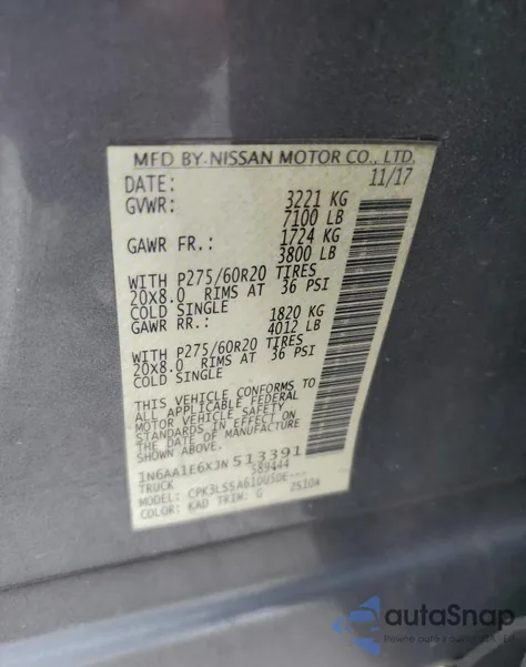 2018 Nissan Titan Sv z USA, uszkodzony, nr VIN 1N6AA1E6XJN513391